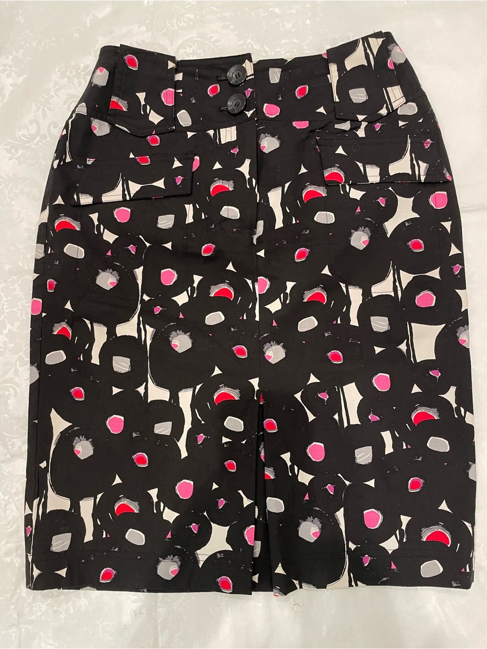 Mixit Black Pencil Skirt with Pink and Red Dot Floral Print